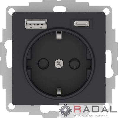 Розетка AtlasDesign 16А с 2-мя заряд. устройствами USB тип A+C 5В/2.4А 2х5В/1.2А механизм карбон SE ATN001032