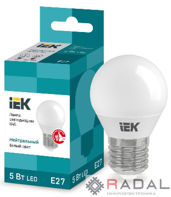 Лампа светодиодная ECO G45 5Вт шар 4000К бел. E27 450лм 230-240В IEK LLE-G45-5-230-40-E27