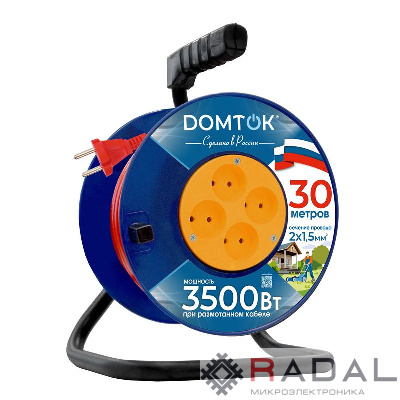 Удлинитель на катушке 4х30м без заземл. 16А IP20 3.5кВт ПВС 2х1.5 DOMTOK 2446