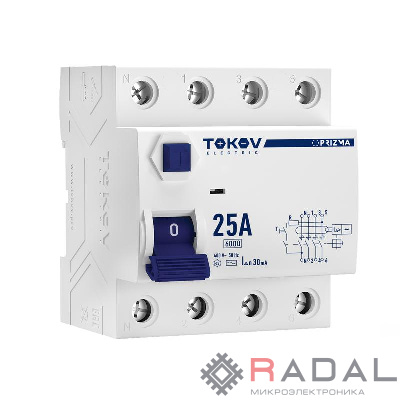 Выключатель дифференциального тока (УЗО) 4П (3P+N) 25А 30мА тип AC 6кА TOKOV Electric TKE-PZ60-RCDM-4-25-30-AC