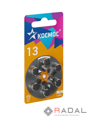 Батарейка воздушно-цинковая для слухового аппарата ZA13 (13 PR48 DA13 V13A) 1.45В (уп.6шт) КОСМОС KOCZA-13BL6