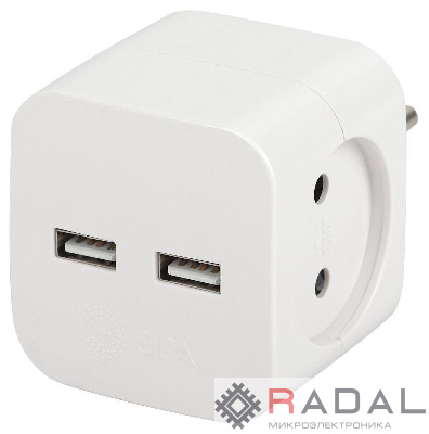 Разветвитель электрический SP-2-USB-W на 2 розетки 220В+ 2xUSB 2400мА без заземл 10А бел. Эра Б0049531