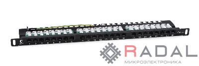 Патч-панель 19дюйм 0.5U 24 порта RJ45 кат.6 Dual IDC 90град. высокой плотности с задн. кабельн. организатором Cabeus 9667c