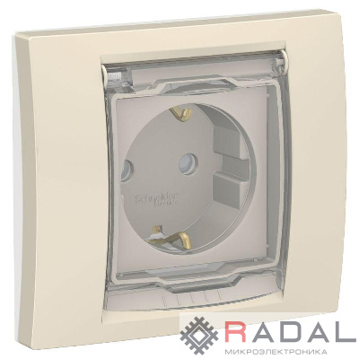 Розетка 1-м 2мод. Unica New 16А IP44 с заземл. защ. шторки с крышкой беж. SchE NU003744