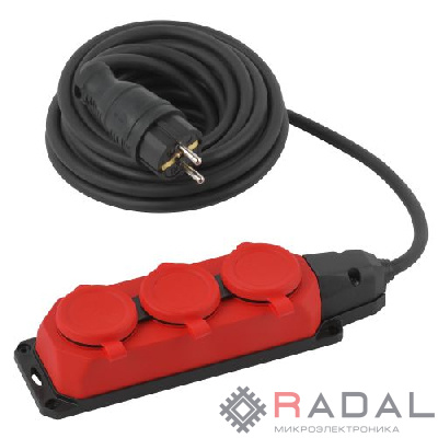 Удлинитель силовой UK-3e-3x1.5-5m-IP44(KG) с заземлением 3 розетки каучук 5м КГ 3х1.5кв.мм IP44 Эра Б0057579