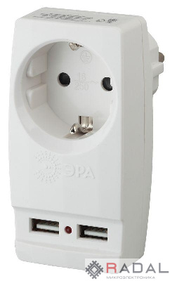 Адаптер SP-1e-USB-W "Polynom" 1-м 220В+ 2хUSB 2100мА c зазeмл. бел. ЭРА Б0026332