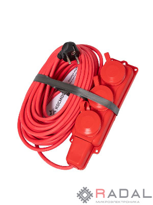 Удлинитель на каучуковой колодке 3х15м 16А IP44 250В 4кВт каучук КГ 3х2.5 красн. УХз16 Россия КОСМОС YKsm15m-3g(16A)KG-R