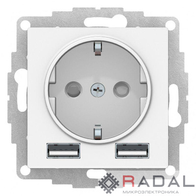 Розетка AtlasDesign 16А с 2-мя заряд. устройствами USB тип A+A 5В/2.4А 2х5В/1.2А механизм лотос SE ATN001330