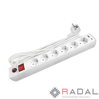 Удлинитель с сетевым фильтром 6х5м с заземл. 10А IP20 2.2кВт USB type-A + type-C ПВС 3х0.75 с выкл. бел. UNIVersal 2545
