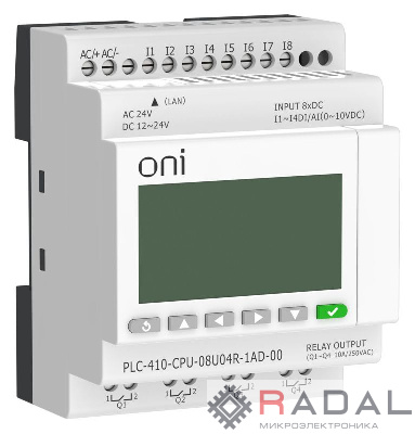 Модуль ЦПУ ПЛК 410 4 DI 4 UI (0-10 В/DI) 4 RO 12В-24В DC или 24В AC с Ethernet портом с экраном ONI PLC-410-CPU-08U04R-1AD-00