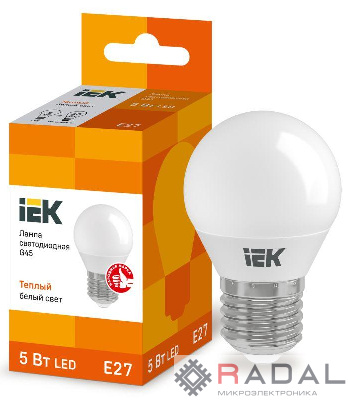 Лампа светодиодная ECO G45 5Вт шар 3000К тепл. бел. E27 450лм 230-240В IEK LLE-G45-5-230-30-E27