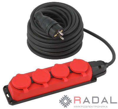 Удлинитель силовой UK-4e-3x1.5-20m-IP44(KG) с заземлением 4 розетки каучук 20м КГ 3х1.5кв.мм IP44 Эра Б0057587