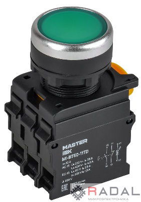 Кнопка d22мм 1НО+1НЗ MASTER с подсветкой и фиксацией зел. IEK MI-BT60-11TD-3-11-K06