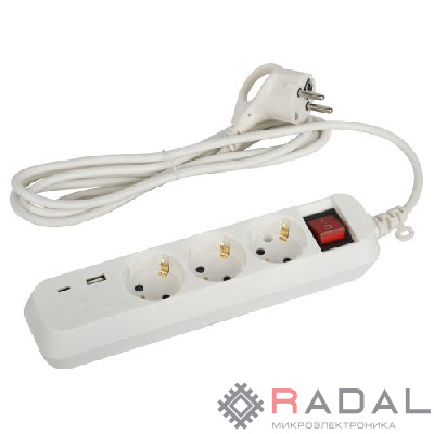 Удлинитель 3х1.5м с заземл. 10А +1xUSBA+1xUSBC с выкл. UB-3es-1.5m-USB Эра Б0052897