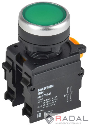 Кнопка d22мм 1НО+1НЗ MASTER зел. IEK MI-BT60-11-3-22-K06