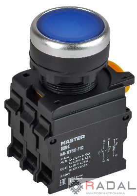 Кнопка d22мм 1НО+1НЗ MASTER с подсветкой син. IEK MI-BT60-11D-3-12-K07
