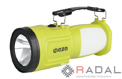 Фонарь аккумуляторный универсальный AccuF8-L1W/L24-gn 1Вт 83лм + боков. панель 24х0.1Вт 132лм аккум. 0.9А.ч ЗУ: сеть/солнечн. панель IP20 зел. ФАZА 5006683