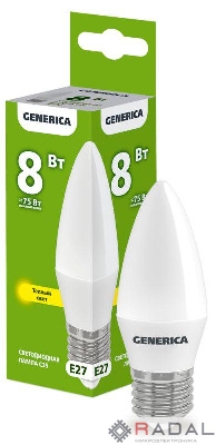 Лампа светодиодная C35 8Вт свеча 3000К E27 230В GENERICA LL-C35-08-230-30-E27-G
