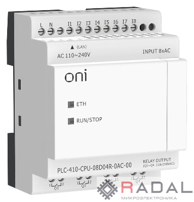 Модуль ЦПУ ПЛК 410 8 DI 4 RO 220В AC с Ethernet портом без экрана ONI PLC-410-CPU-08D04R-0AC-00
