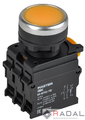Кнопка d22мм 1НО+1НЗ MASTER с подсветкой желт. IEK MI-BT60-11D-3-12-K05