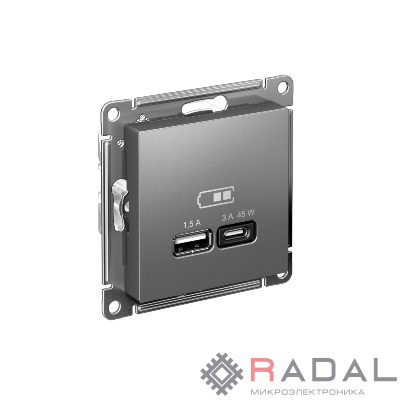 Розетка USB AtlasDesign тип A+C 45Вт QC PD высокоскор. ЗУ механизм сталь SE ATN000929