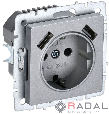 Розетка BRITE РЮш10-1-БрА 16А с USB A+A 2.1А с заземл. защ. шторки алюм. IEK BR-R14-16-U21-D21-K47