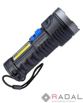 Фонарь ручной аккум. 3ВтLED+3ВтCOB Li-ion 18650 1200мА.ч корпус ABS-пластик индикатор USB-шнур КОСМОС KOS115Lit