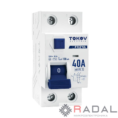 Выключатель дифференциального тока (УЗО) 2П (1P+N) 40А 100мА тип AC 6кА TOKOV Electric TKE-PZ60-RCDM-2-40-100-AC