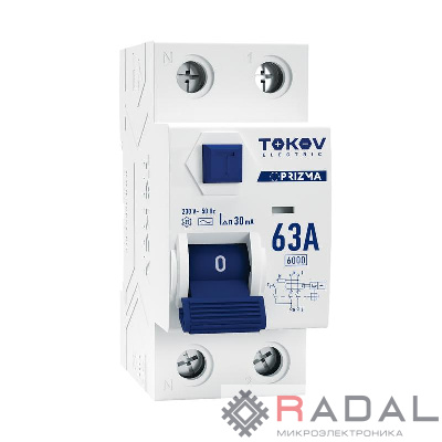 Выключатель дифференциального тока (УЗО) 2П (1P+N) 63А 30мА тип AC 6кА TOKOV Electric TKE-PZ60-RCDM-2-63-30-AC