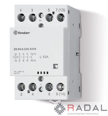 Контактор модульный 4NO 63А AgSnO2 230В AC/DC 53.5мм IP20 опции: мех. индикатор FINDER 226402304310