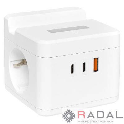 Удлинитель "Куб" 2х1.3м USB + 2Type C с быстрой зарядкой подставкой под телефон и ночником 1кв.мм EKF UBA-CUB-2-FC