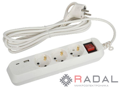 Удлинитель 3х3м с заземл. 10А +1xUSBA+1xUSBC с выкл. UB-3es-3m-USB Эра Б0052898