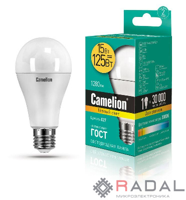 Лампа светодиодная LED15-A65/830/E27 15Вт грушевидная 3000К тепл. бел. E27 1280лм 170-265В Camelion 12196 / 12185