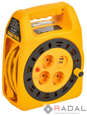Удлинитель на катушке 3х15м с заземл. Industrial УК15 2P+PE 3х1.5кв.мм USBх2 LED термозащита IEK IN-KP24-16-03-15-UL