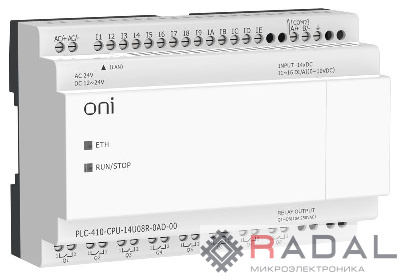 Модуль ЦПУ ПЛК 410 8 DI 6 UI (0-10В/DI) 8 RO 12В-24В DC или 24В AC с Ethernet портом без экрана ONI PLC-410-CPU-14U08R-0AD-00
