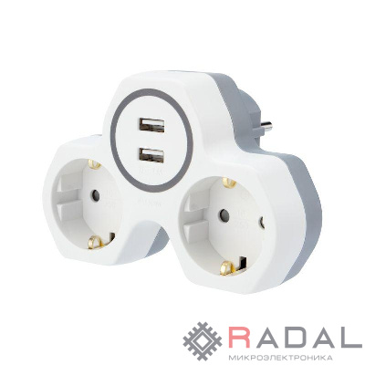 Двойник электрический 16А с заземл. и защ. шторки + 2 USB порта 24А бел. Rexant 11-1089