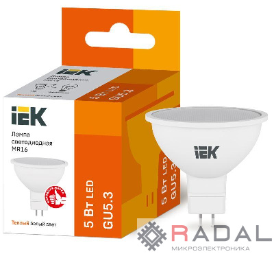 Лампа светодиодная ECO MR16 5Вт 3000К тепл. бел. GU5.3 450лм 230-240В IEK LLE-MR16-5-230-30-GU5