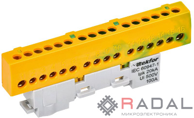 Шина PE "земля" изол. на универс. держ. 6х9-16-ЖЗ TEKFOR IEK TF-NN10-16-KL-K52