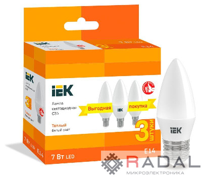 Лампа светодиодная C35 свеча 7Вт 230В 3000К E14 (уп.3шт) IEK LLE-C35-07-230-30-E14-3