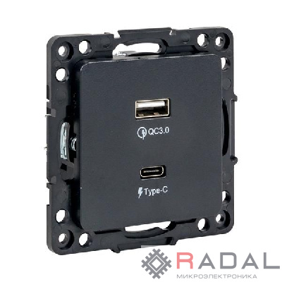 Розетка USB 2-м Стокгольм тип A+C механизм черн. PROxima EKF EZR-2USB-type-C