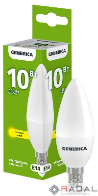 Лампа светодиодная C35 10Вт свеча 3000К E14 230В GENERICA LL-C35-10-230-30-E14-G
