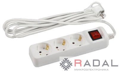 Удлинитель электрический U-3es-5m-3x1.5 с заземлением с выключателем 3 розетки 5м ПВС 3х1.5кв.мм 16А Эра Б0044041