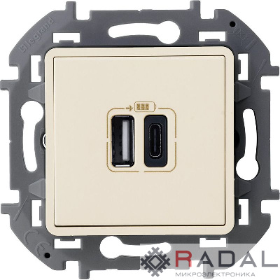 Устройство зарядное Inspiria с 2-мя USB разьемами A и C 240В/5В 3000мА сл. кость IEK 673761