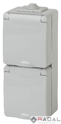 Розетка 2-м ОП Эра Эксперт 11-2607-03 16А IP65 верт. 250В 2х2P+E сер. Эра Б0036002