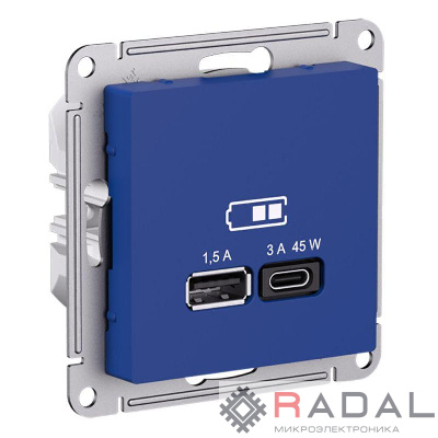 Розетка USB AtlasDesign тип A+C 45Вт высокоскор. ЗУ QC PD механизм аквамарин SE ATN001129