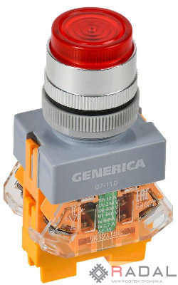 Кнопка D7-11D d22мм 1НО+1НЗ с подсветкой красн. GENERICA BBT50-11D-3-12-K04-G