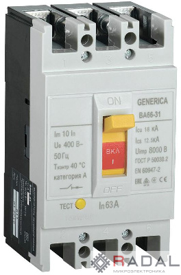 Выключатель автоматический 3п 63А 18кА ВА66-31 GENERICA IEK SAV10-3-0063-G