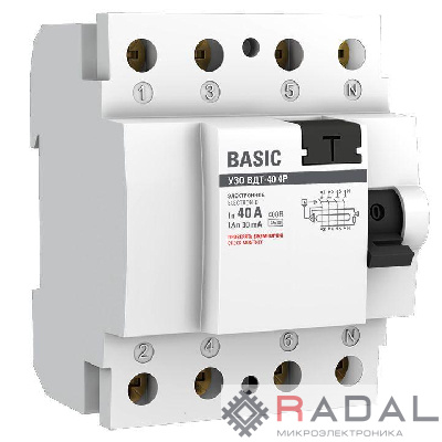 Выключатель дифференциального тока (УЗО) 4п 40А 30мА тип AC Basic электрон.EKF elcb-4-40-30e-sim