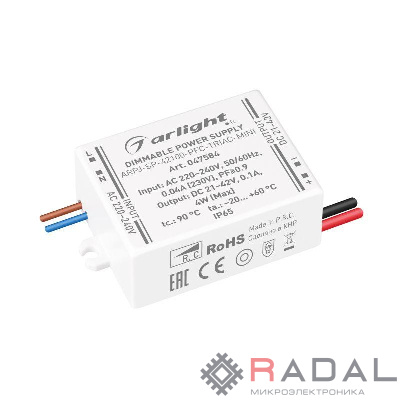 Блок питания ARPJ-SP-42100-PFC-TRIAC-MINI (4Вт 21-42В 100мА) IP65 пластик Arlight 047584