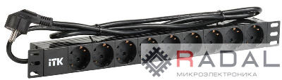 Блок розеток 9 мест PDU (немец. станд.) DIN49440 ПВХ профиль 1U шнур 2м; вилка DIN 49441 (немец. станд.); черн. ITK PH22-9D1-P